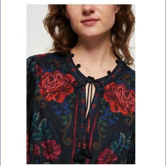 FARM Rio Mini Dress S Black Flower Tapestry Teal Floral Cottagecore Summer - Picture 3 of 16